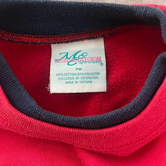 Vintage red crewneck sweatshirt long sleeve blue collar patchwork design grandma - Picture 2 of 4